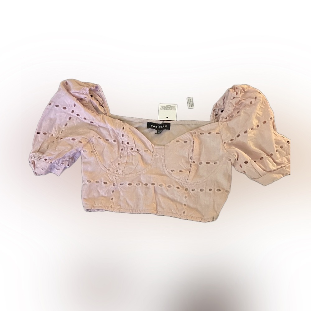 NWT Women’s baby pink ditzy floral eyelet crop top, puff sleeves flounce size 6